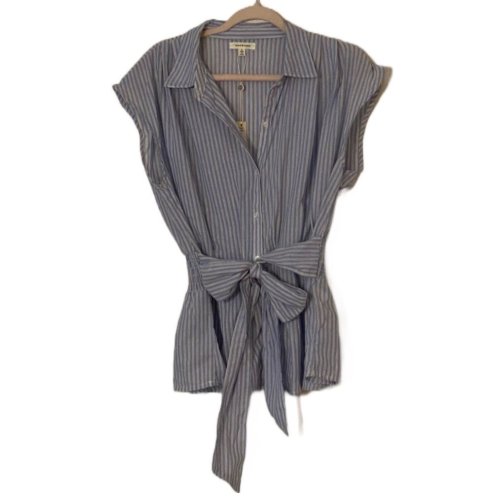 Max Studio Blue Vertical Stripe Button Down Sleeveless Tunic with Belt